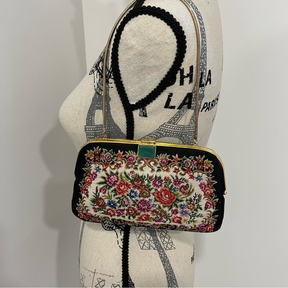 Vintage Petite Point Black Floral Needlepoint Bag with Jade-like Stone Clasp - Picture 16 of 16